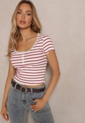 Beżowy T-shirt z Bawełny w Poziome Paski Ozdobiony Koronką i Guzikami Ramilda. Brązowe t-shirty damskie Renee, m, bez wzorów, z bawełny, bez kołnierzyka. Za 49.99 zł.