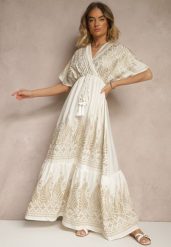 Biała Wiskozowa Sukienka Boho o Kopertowym Kroju z Metalicznym Haftem Redeselle. Białe sukienki damskie Renee, z aplikacjami, z wiskozy, boho, bez ramiączek. W wyprzedaży za 91.99 zł.
