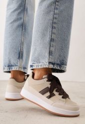 Beżowe Sneakersy Basic z Paskami na Boku Adila. Brązowe obuwie sportowe casual damskie Renee, z jeansu. Za 99.99 zł.