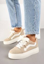 Ciemnobeżowe Sneakersy Kultowe Tenisówki na Grubej Podeszwie Nurisora. Brązowe obuwie sportowe damskie Renee, bez wzorów, z jeansu, bez zapięcia. Za 79.99 zł.