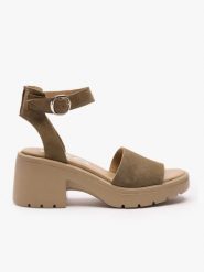 Khaki sandały na traperowym spodzie. Zielone sandały damskie Ryłko, bez wzorów, ze skóry, z okrągłym noskiem, bez obcasa, na obcasie, bez zapięcia. Za 379.99 zł.