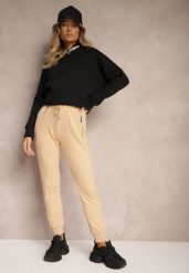 Beżowe Spodnie Dresowe z Bawełny High Waist Ozdobione Kieszeniami na Suwak Fedela. Brązowe spodnie dresowe damskie Renee, l, bez wzorów, z bawełny. Za 44.99 zł.