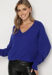 Granatowy Sweter z Dekoltem w V z Domieszką Kaszmiru Mariara. Niebieskie swetry klasyczne damskie Born2be, uniwersalny, z jeansu, bez kołnierzyka. Za 109.99 zł.