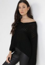 Czarny Sweter Amarherine. Czarne swetry klasyczne damskie Born2be, z dzianiny, bez kołnierzyka. Za 89.99 zł.