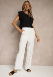 Białe Szerokie Spodnie High Waist z Lnu i Bawełny Ivelpio. Białe spodnie materiałowe damskie Renee, bez wzorów, z bawełny. Za 64.99 zł.