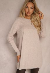 Ciemnobeżowy Sweter bez Zdobień o Luźnym Długim Fasonie Arferiava. Brązowe swetry klasyczne damskie Renee, bez kołnierzyka. Za 69.99 zł.