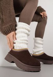 Brązowe Niskie Śniegowce na Grubej Podeszwie Zdobione Haftem Levitte. Brązowe obuwie sportowe damskie Born2be, bez zapięcia, trekkingowe. Za 79.99 zł.