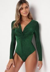 Zielone Brokatowe Body z Głębokim Dekoltem Tialeta. Zielone body i gorsety Born2be, bez wzorów, z tkaniny. Za 89.99 zł.