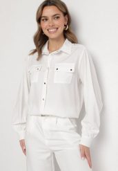 Biała Koszula z Wiskozą i Ozdobnymi Pagonami Beliven. Białe koszule damskie Born2be, l, bez wzorów, z jeansu, eleganckie, bez kołnierzyka, bez ramiączek. Za 69.99 zł.