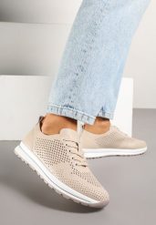 Ciemnobeżowe Skórzane Sneakersy Ozdobione Perforacją Odrelia. Brązowe obuwie sportowe damskie Born2be, z jeansu, bez zapięcia. Za 189.99 zł.
