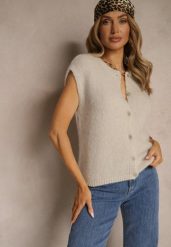 Beżowa Dzianinowa Kamizelka z Moherem z Zapięciem na Guziki Vorlina. Brązowe kamizelki damskie Renee, bez wzorów, z dzianiny, bez kaptura. Za 119.99 zł.