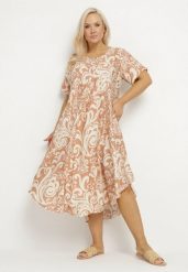 Beżowa Rozkloszowana Sukienka z Wiskozy z Geometrycznym Wzorem Emisova. Brązowe sukienki damskie Born2be, bez wzorów, z wiskozy, eleganckie, bez ramiączek. Za 109.99 zł.