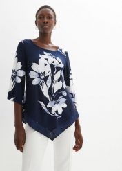 Tunika shirtowa w roślinny wzór. Niebieskie tuniki damskie bonprix, bez wzorów, eleganckie, bez kołnierzyka, bez ramiączek. Za 124.99 zł.