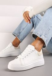 Biało-Beżowe Klasyczne Sznurowane Sneakersy na Grubej Podeszwie Tiadorae. Białe obuwie sportowe damskie Born2be, z bawełny, bez zapięcia. Za 64.99 zł.