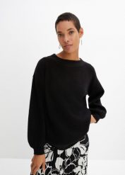 Sweter z rękawami balonowymi. Czarne swetry klasyczne damskie bonprix, bez kołnierzyka. Za 112.99 zł.