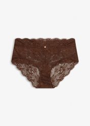 Figi z wysokim stanem ze szlachetnej koronki. Brązowe figi bonprix, bez wzorów, z koronki. Za 59.99 zł.