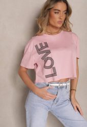 Różowy T-shirt z Bawełny o Krótkim Kroju Ozdobiony Napisem Sannovia. Czerwone t-shirty damskie Renee, m, bez wzorów, z bawełny, bez kołnierzyka. Za 39.99 zł.