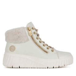 Trzewiki Rieker. Białe botki damskie Rieker, bez obcasa, na koturnie, bez zapięcia. Za 272.99 zł.