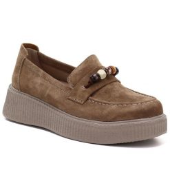 Skórzane półbuty damskie mokasyny na platformie z koralikami camel Vinceza 79649. Brązowe mokasyny damskie VINCEZA, ze skóry, bez obcasa. Za 249.99 zł.