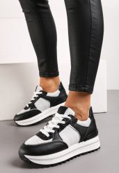 Czarno-Białe Sneakersy na Grubej Podeszwie Ozdobione Brokatem Niretha. Czarne obuwie sportowe damskie Born2be, z jeansu, bez zapięcia. Za 99.99 zł.