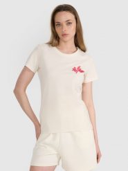 4F T-shirt regular z nadrukiem damski - biały S. Białe t-shirty damskie 4F, s, z aplikacjami, z bawełny, bez kołnierzyka. W wyprzedaży za 39.99 zł.