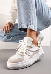 Biało-Beżowe Sneakersy z Szerokimi Ozdobnymi Sznurówkami Naale. Białe obuwie sportowe damskie Renee, z materiału, bez zapięcia. Za 79.99 zł.