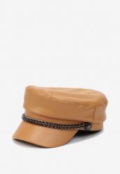Brązowa Czapka Beret z Daszkiem z Ekoskóry z Metalowym Łańcuszkiem Crivite. Brązowe czapki z daszkiem damskie Born2be, bez wzorów. Za 49.99 zł.
