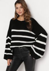 Czarny Dzianinowy Sweter z Długimi Szerokimi Rękawami w Pasy Samsoni. Czarne swetry klasyczne damskie Born2be, z dzianiny, bez kołnierzyka. Za 84.99 zł.