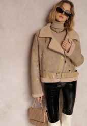 Beżowa Kurtka Biker z Imitacji Zamszu i Kożuszka Jassan. Brązowe kurtki damskie Renee, na jesień, l, bez wzorów, bez kaptura. Za 349.99 zł.