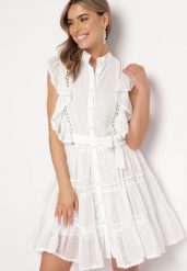 Biała Koszulowa Sukienka Mini z Falbankami i Wiązanym Paskiem Divertire. Białe sukienki damskie Born2be, bez wzorów, z materiału, bez ramiączek. Za 269.99 zł.