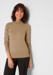 Sweter basic ze stójką, z bawełny z recyklingu. Szare golfy damskie bonprix, z bawełny, bez kołnierzyka. Za 64.99 zł.