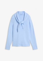 Gruby sweter ze stójką i ozdobnym szalikiem. Czerwone swetry klasyczne damskie bonprix, prążkowane, bez kołnierzyka. Za 139.99 zł.