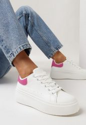 Biało-Fuksjowe Sneakersy na Platformie Spoola. Białe obuwie sportowe damskie Born2be, bez zapięcia. Za 69.99 zł.