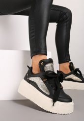 Czarne Sneakersy na Platformie Ozdobione Nitami i Metalicznymi Elementami Azista. Czarne obuwie sportowe damskie Renee, z jeansu, bez zapięcia. Za 99.99 zł.
