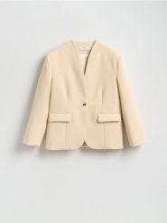 Jednorzędowa marynarka - kremowy. Białe marynarki i żakiety damskie Reserved, l, bez wzorów, z tkaniny. Za 259.99 zł.