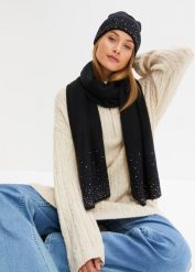Szal + czapka (2 części). Czarne czapki damskie bonprix, na zimę, bez wzorów. Za 129.99 zł.