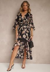 Czarna Asymetryczna Sukienka z Bawełny z Kopertowym Dekoltem i Wiązanym Paskiem Nitilira. Czarne sukienki damskie Renee, bez wzorów, z bawełny, eleganckie, bez ramiączek. W wyprzedaży za 127.99 zł.