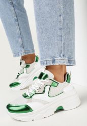 Biało-Zielone Sneakersy na Grubej Podeszwie z Lakierowanymi Wstawkami Fryda. Białe obuwie sportowe damskie Born2be, bez zapięcia. Za 79.99 zł.