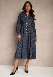 Granatowa Rozkloszowana Sukienka Koszulowa w Elegancki Wzór z Paskiem z Klamrą Salithora. Niebieskie sukienki damskie Renee, bez wzorów, z jeansu, eleganckie, bez ramiączek. W wyprzedaży za 263.99 zł.