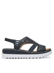 Rieker Sandały V44Y5-14 Granatowy. Niebieskie sandały damskie Rieker, bez wzorów, z materiału, bez obcasa, na koturnie, bez zapięcia. Za 319.99 zł.