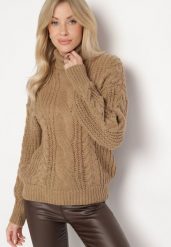 Ciemnobeżowy Golf z Bawełną Ozdobiony Tłoczeniem Zivirra. Brązowe golfy damskie Born2be, uniwersalny, bez wzorów, z bawełny, bez ramiączek. Za 64.99 zł.