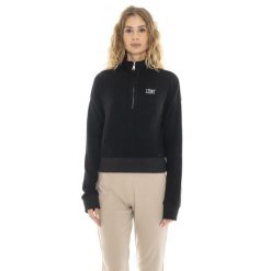Bluza z zamek błyskawiczny na co dzień na siłownię. Czarne bluzy damskie LEONE 1947 APPAREL, bez wzorów, z elastanu, bez kaptura. W wyprzedaży za 134.57 zł.