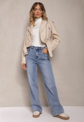 Jasnoniebieskie Szerokie Jeansy z Dodatkiem Bawełny High Waist Otharia. Niebieskie jeansy damskie Renee, bez wzorów, z bawełny. Za 119.99 zł.