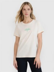 4F T-shirt regular z nadrukiem damski - biały M. Białe koszulki sportowe damskie 4F, m, bez wzorów, z bawełny, bez ramiączek. W wyprzedaży za 39.99 zł.