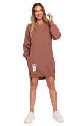 Przedłużona Bluza z Ozdobnymi Suwakami - Czekoladowa. Brązowe bluzy damskie MOE, l, bez wzorów, z bawełny, bez kaptura. Za 308.90 zł.
