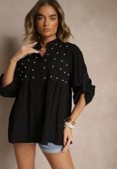Czarna Koszula z Wiskozą i Perełkami Tanathiel. Czarne koszule damskie Renee, z aplikacjami, z jeansu, eleganckie, bez kołnierzyka, bez ramiączek. Za 59.99 zł.