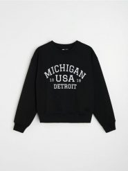 Dresowa bluza crewneck z napisem - czarny. Czarne bluzy damskie Sinsay, l, bez wzorów, z dresówki, bez kaptura. Za 35.99 zł.