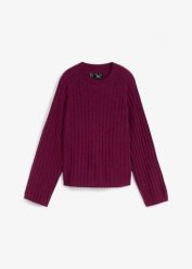 Krótszy sweter w prążek. Fioletowe swetry klasyczne damskie bonprix, bez kołnierzyka. Za 129.99 zł.
