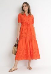Pomarańczowa Haftowana Sukienka Maxi ze Ściągaczem w Talii Erlina. Brązowe sukienki damskie Born2be, bez wzorów, z tkaniny, bez ramiączek. Za 249.99 zł.