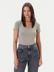 Guess T-Shirt W2YI45 J1314 Khaki Slim Fit. Brązowe t-shirty damskie Guess, xl, z aplikacjami, z bawełny, bez kołnierzyka. Za 89.99 zł.